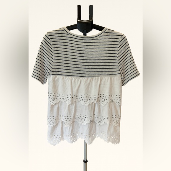 Joie White Navy Stripe Linen Cotton Top w/ Eyelet Lace Hem Size Small EUC - Picture 2 of 7